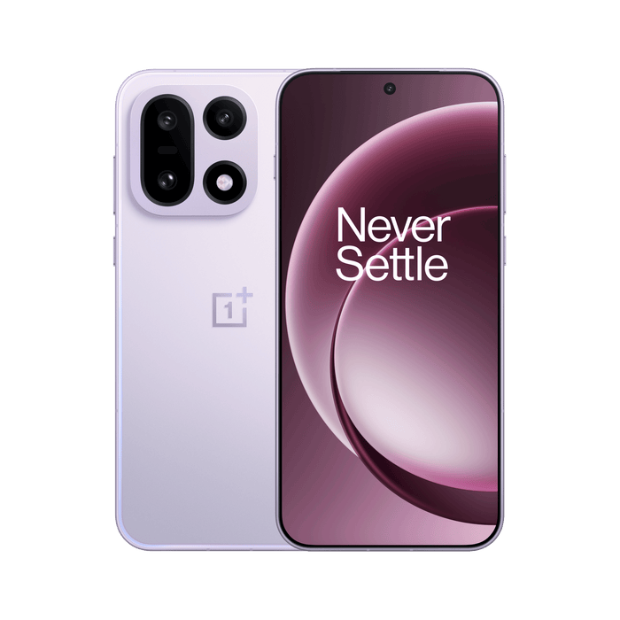 Ultra Violet OnePlus 5G phone with triple rear cameras and Never Settle screen