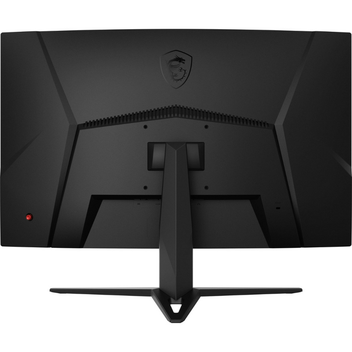 Curved computer monitor with matte black back and central stand, MSI shield