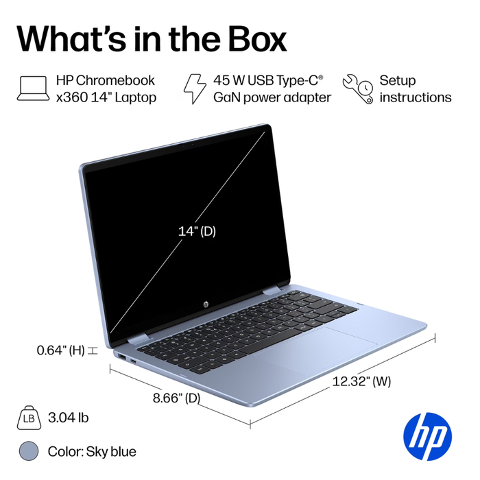 HP Chromebook x360 14" Laptop Intel N150 Chrome OS 128GB/4GB RAM Sky Blue (New)