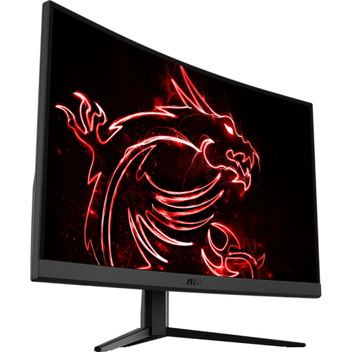 Curved computer monitor with red neon dragon graphic on black screen, angled