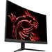 Curved computer monitor with red neon dragon graphic on black screen, angled