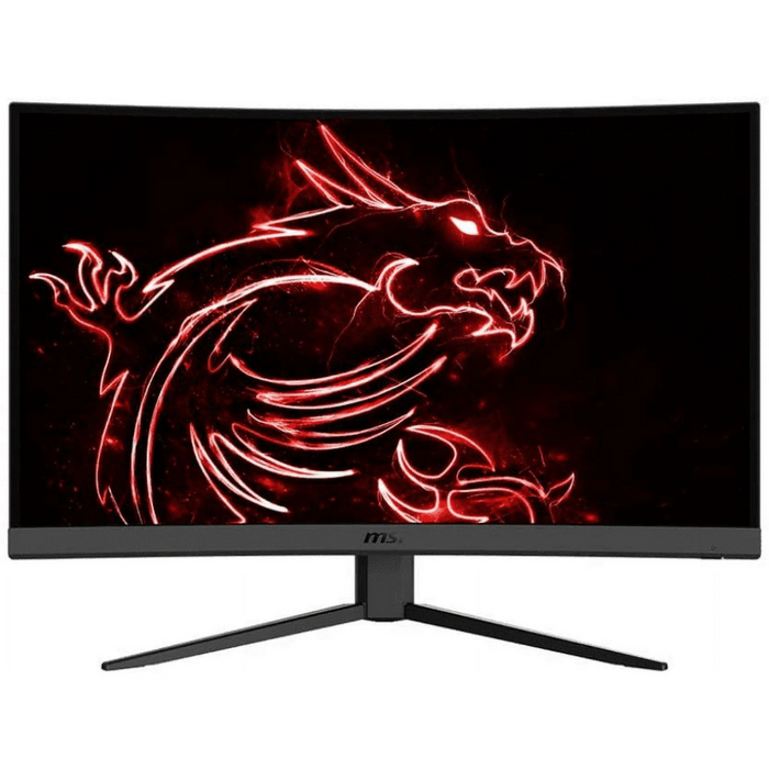 Curved computer monitor displaying red neon dragon on black screen