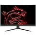 Curved computer monitor displaying red neon dragon on black screen