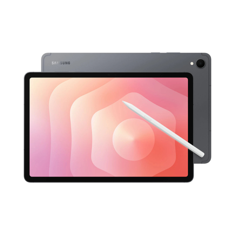 Gray Samsung Galaxy Tab S11 tablet with stylus and colorful front display