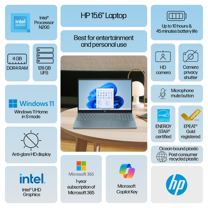 HP 15.6" Laptop Windows 11 Home 128GB/4GB RAM Intel Processor N200 (New)