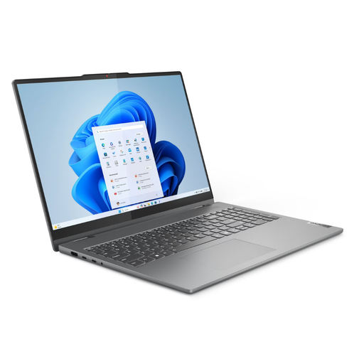 Gray laptop angled view with full keyboard and touchscreen display