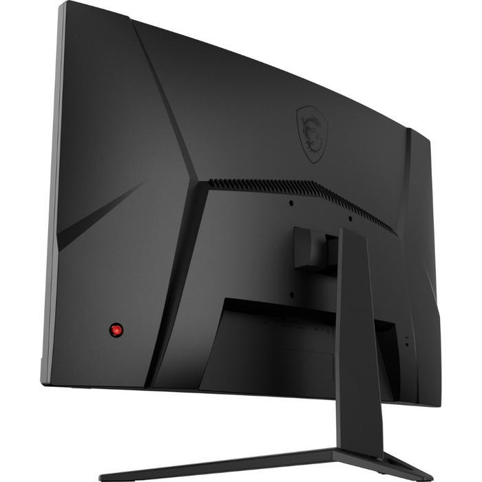 Curved computer monitor back view with angular design and single central stand