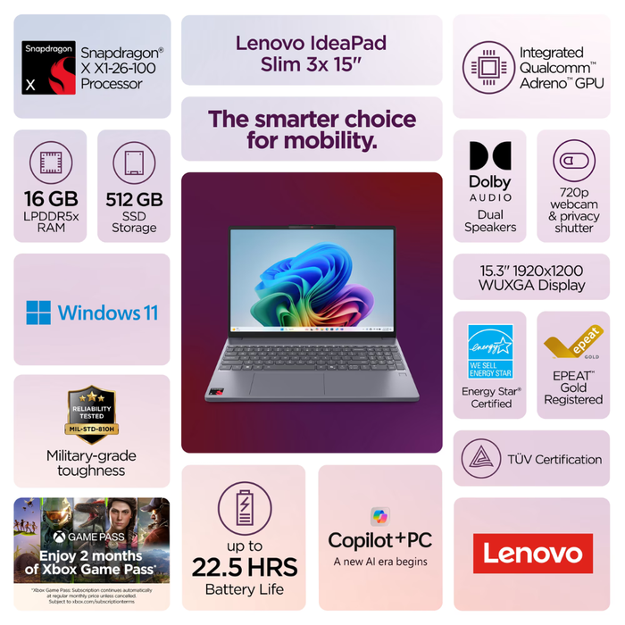Lenovo IdeaPad Slim 3x 15.3" Windows 11 Home Snapdragon X 512GB/16GB RAM Luna Grey (New)