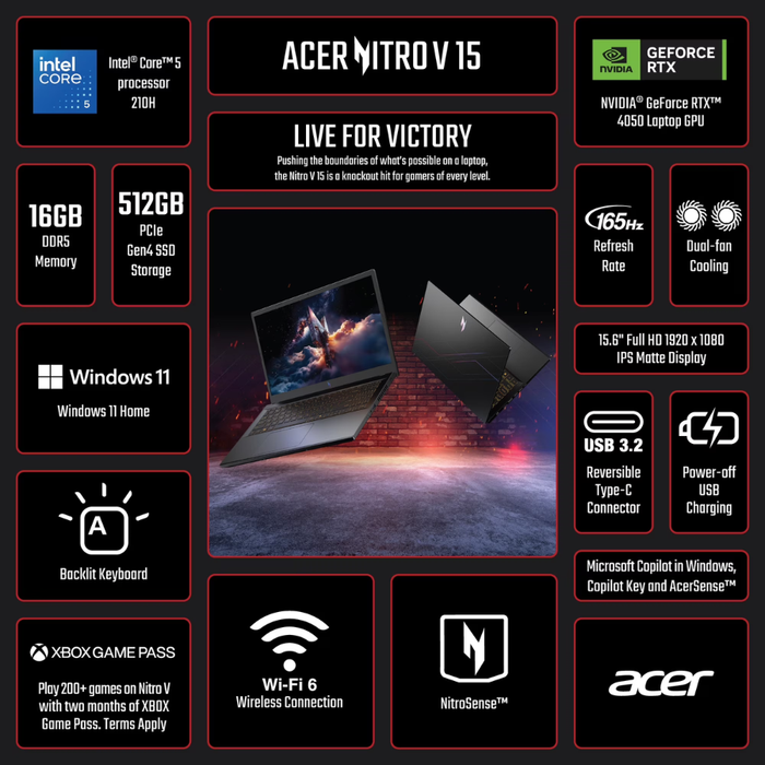 Acer Nitro V 15.6” Windows 11 Home GeForce RTX 4050 512GB/16GB RAM Obsidian Black (New)