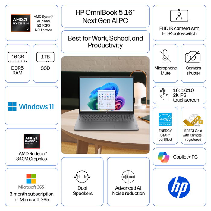 HP OmniBook 5 16" Laptop Touchscreen Windows 11 1TB/16GB RAM Meteor Silver (New)
