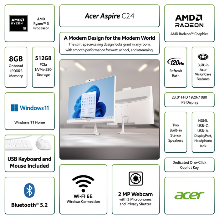 Acer Aspire C24 (C24B-GMDCR-UWR5) All-In-One Desktop 512GB/8GB RAM White (New)