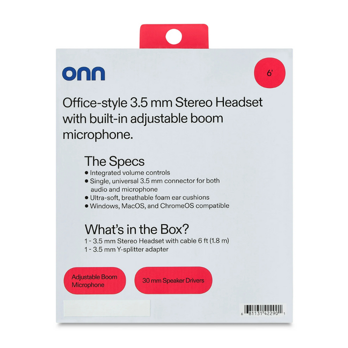 Onn 3.5mm AUX Stereo Headset with Built-In Microphone, Black