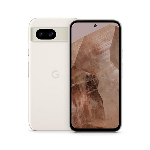 Google Pixel 8a smartphone in Porcelain color, 128GB storage, 5G compatible, CA USA version, showcasing front display and modern design
