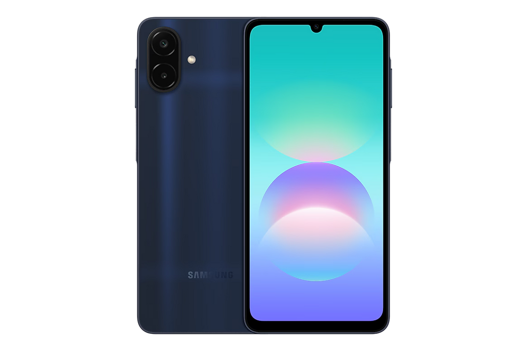 Dark blue Samsung Galaxy A08 smartphone shown from front and back