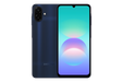 Dark blue Samsung Galaxy A08 smartphone shown from front and back