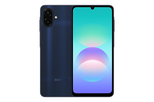 Dark blue Samsung Galaxy A08 smartphone shown from front and back