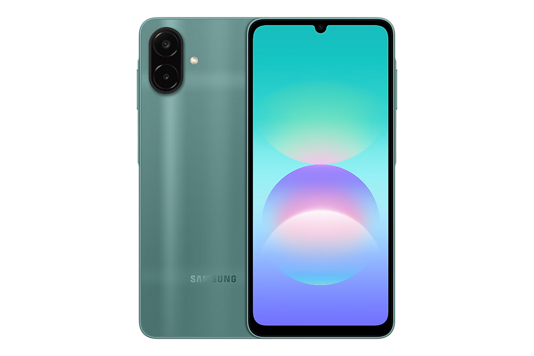 Green Samsung Galaxy A08 smartphone shown from front and back