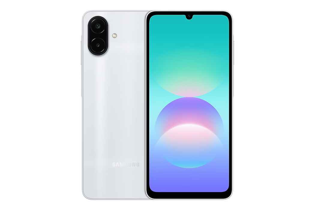 Silver Samsung Galaxy A08 smartphone shown from front and back