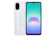 Silver Samsung Galaxy A08 smartphone shown from front and back