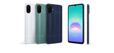 Samsung Galaxy A08 smartphone in silver, green, and dark blue, shown from front, back, and side
