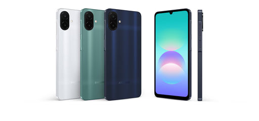 Samsung Galaxy A08 smartphone in silver, green, and dark blue, shown from front, back, and side