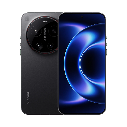 Black smartphone with multi-lens camera on back and blue abstract display on front