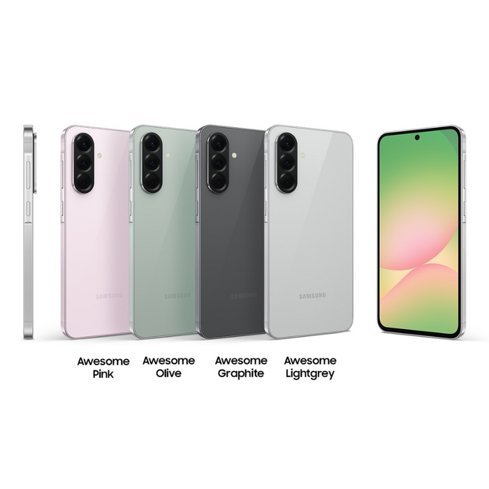 Samsung Galaxy A56 5G smartphone with a sleek 7.4mm design, 198g lightweight build, enhanced camera setup, and color options in Graphite, Light Grey, Olive, and Pink.