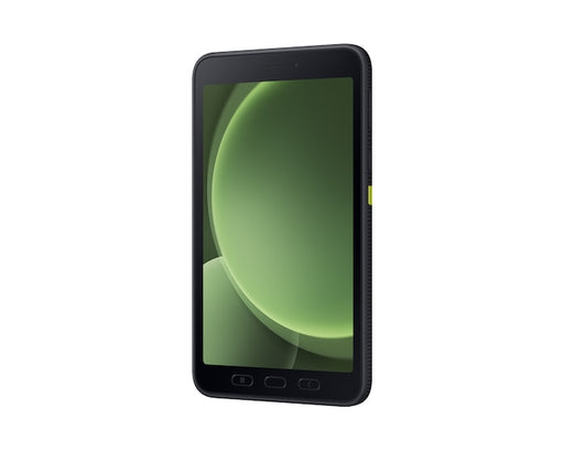 Rugged green Samsung tablet side view showing slim bezel and buttons