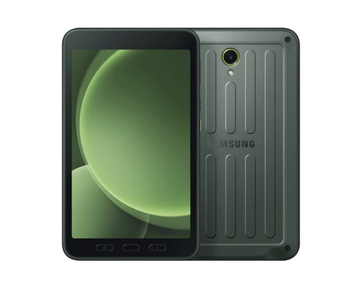 Rugged green Samsung tablet with front display and rear camera module