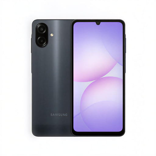 Samsung Galaxy A07 smartphone with dual rear cameras, dark gray back and purple display