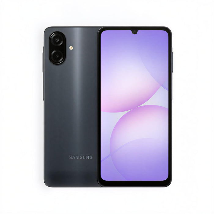 Samsung Galaxy A07 smartphone with dual rear cameras, dark gray back and purple display
