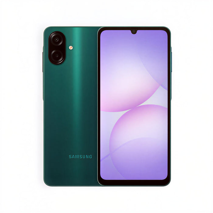 Samsung Galaxy A07 smartphone with dual rear cameras, green back and purple display