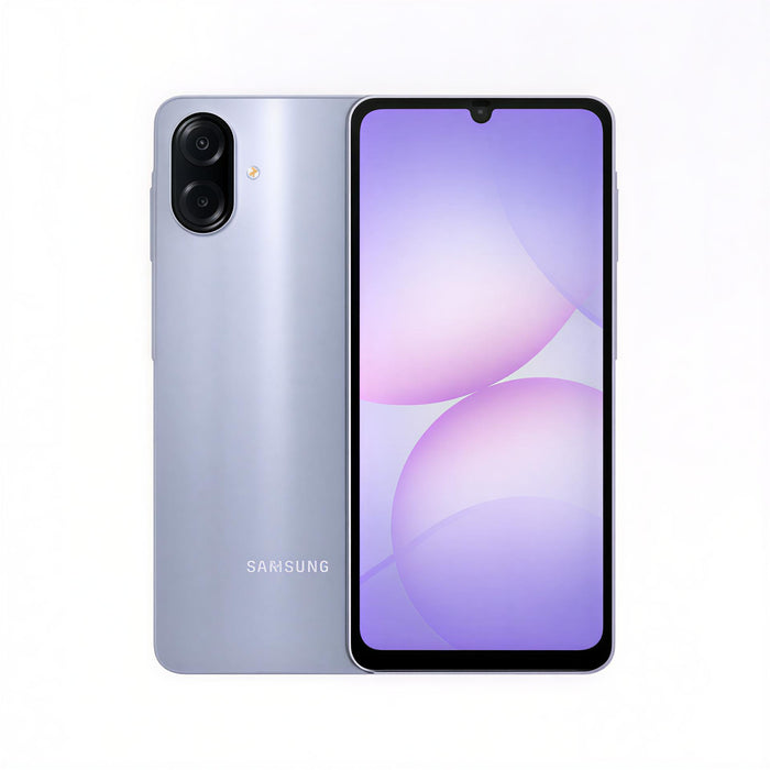 Samsung Galaxy A07 smartphone with dual rear cameras, gray back and purple display