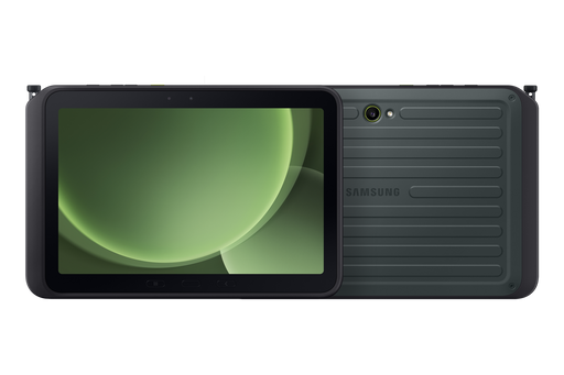 Rugged tablet front and back view, rugged housing with green screen