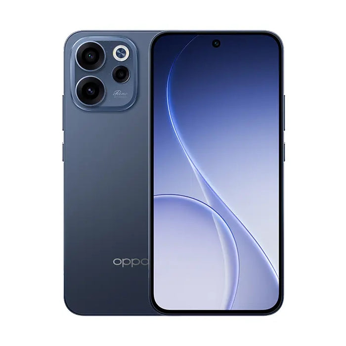 Dark blue smartphone front and back with triple rear camera module