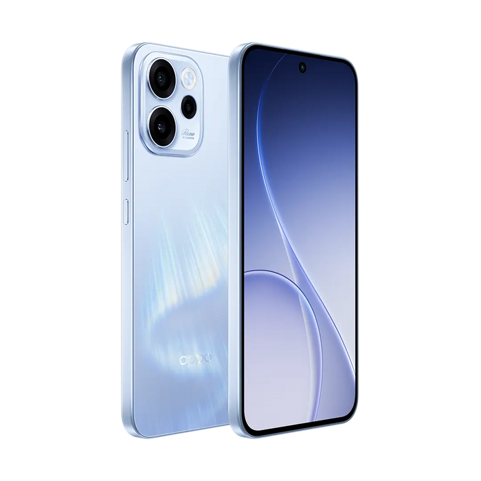 Light blue smartphone with triple rear cameras and curved-edge front display